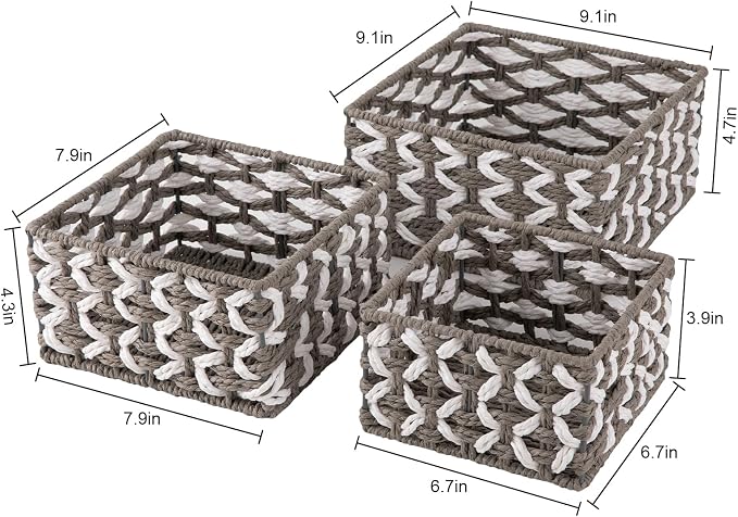 OIAHOMY Storage Baskets Paper Rope Shelf Baskets, Handwoven Small Wicker Bins for Home, Set of 3-Grey & White