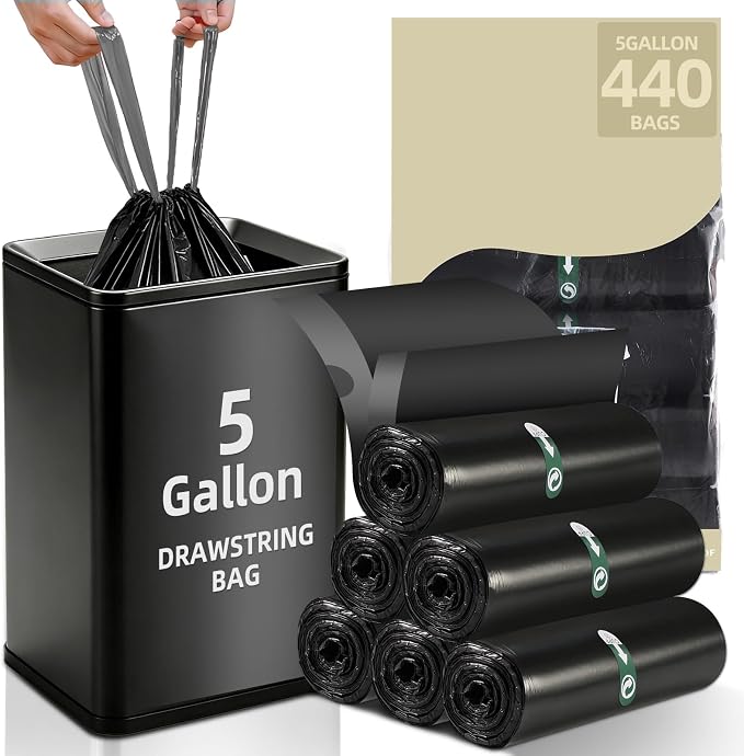 5 Gallon Trash Bags, 440 Count Black Trash Bags Drawstring Small Garbage Bags Thick Pre-separated Unscented Trash Can Liners for Bathroom Office Kitchen Bedroom Home