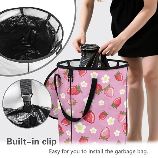 BIGCARJOB Strawberry Daisy Foldable Trash Can Outside Waste Basket Bin Water Resistant Garbage Bag 22.83x17.71 Recycling Bin Trash Can Bag with Zipperd Lid and Clip