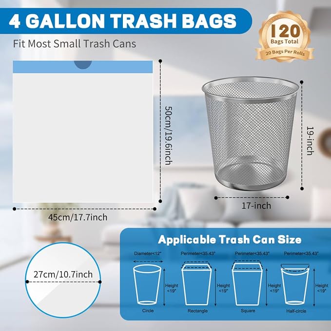 4 Gallon Trash Bags Drawstring, Small Trash Bags Tear-Free, 4 Gal Unscented White Small Garbage Bags, Separated Thick Plastic Wastebasket Liners for Toilet Home Office and Bedroom, 120 Count
