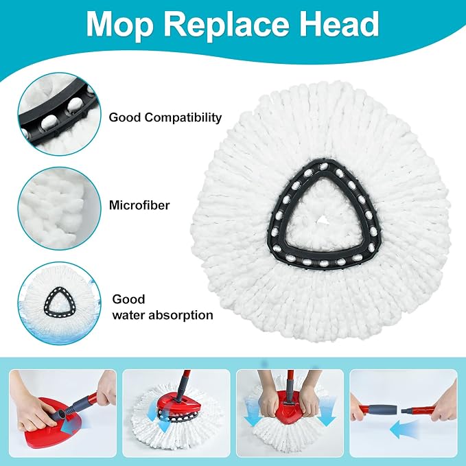 Spin Mop Replace Head, Base, Mop Handle Replacement for OCedar EasyWring 1 Tank System, Include 2 Microfiber Mop Head Replacement, 1 Sturdy Iron 30-58" Mop Handle, 1 Scrubber Head, 1 Spin Base