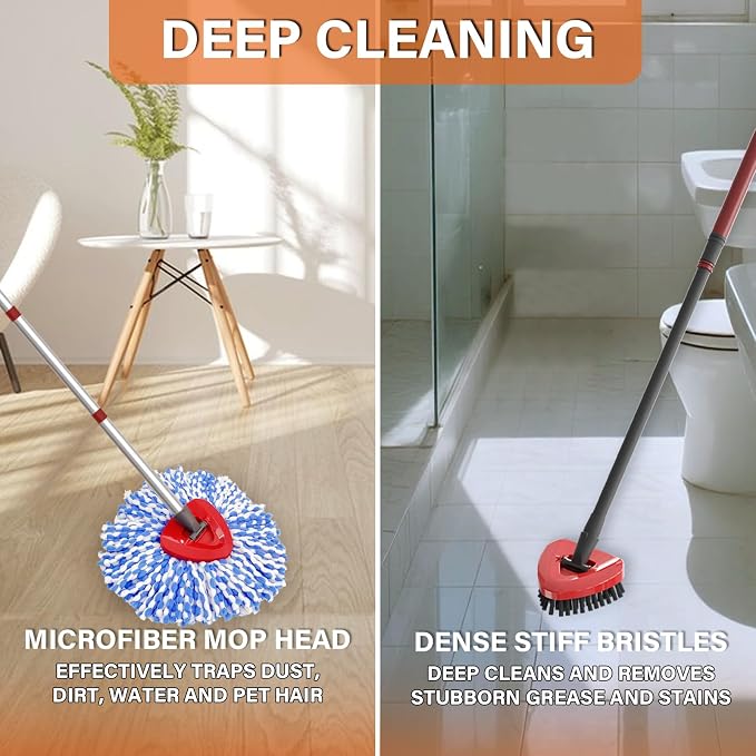 Spin Mop Replacement for O Cedar RinseClean System-2 Mop Heads+1 Scrubber | Upgrade Dual-Bristle Scrub Brush, Soft Inner & Stiff Outer,20° Angled for Corners,100% Microfiber Refill,Reusable & Washable