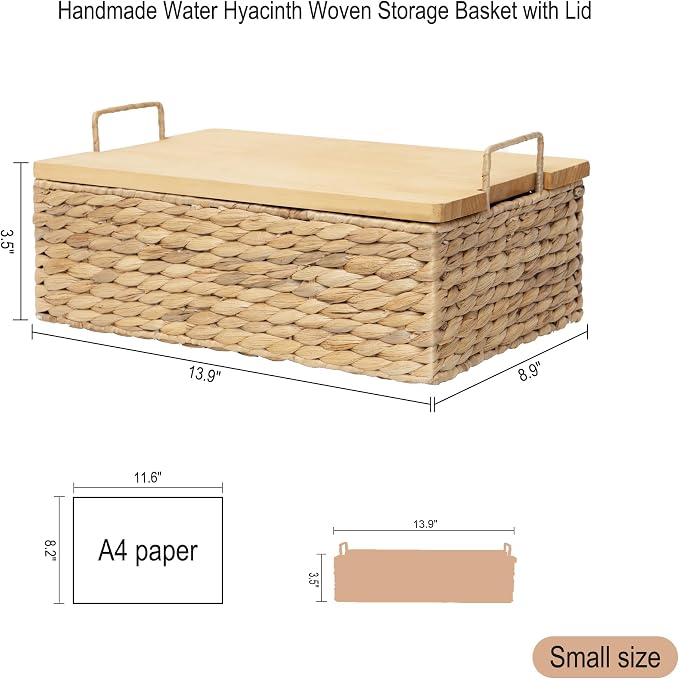 Handmade Water Hyacinth Wicker Baskets with Wooden Lid (Small) | Rectangle Natural Woven Decorative Household Storage Organizer for Picnics,Countertops,Bathrooms,Kitchens,Pantries,Shelves
