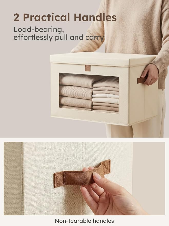 Homsorout Collapsible Storage Bins - Large Closet Organizer with Handles & Window, Decorative Storage Boxes, Fabric Containers for Living Room, Dorm, 4 Pack, Beige