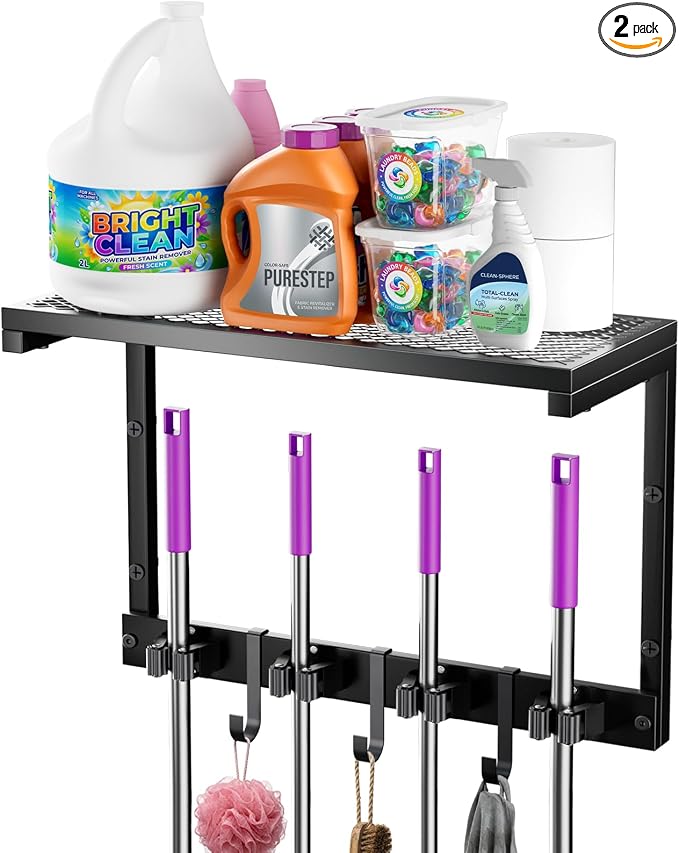 Heavy Duty Broom Holder Wall Mount, All-Metal Mop Rack with Storage Shelves | Space-Saving Cleaning Supply Organizer with Hooks Keeps Mops, Brooms and Tools Handy in Laundry Rooms, Garages and Kitchens