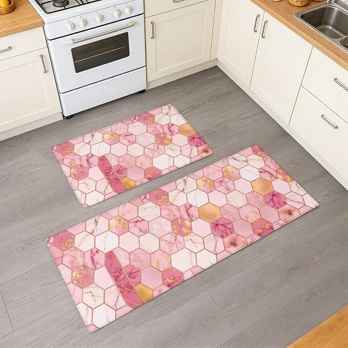 Feelyou Marble Kitchen Mat for Floor Pink Ombre 2pcs Kitchen Rug Geometric Waterproof Non-Slip Rugs for Office Laundry Room Decor Accessories