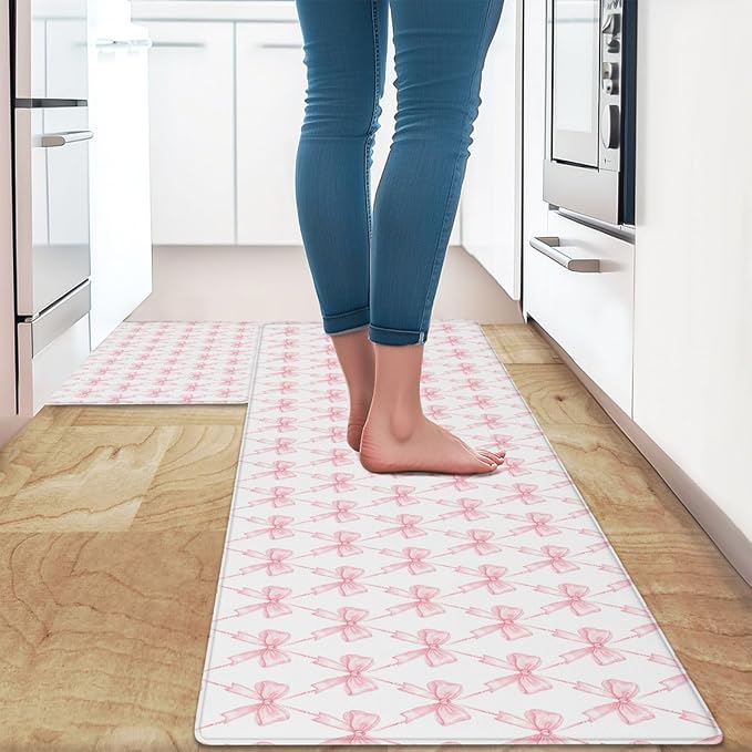 Feelyou Pink Bow Kitchen Rugs 2PCS Cute Bowknot Kitchen Mats Cushioned Anti Fatigue Girls Bow Non-Slip Standing Desk Mat Waterproof Floor Rug Set,17.32x29.53+17.32x47.24 inch