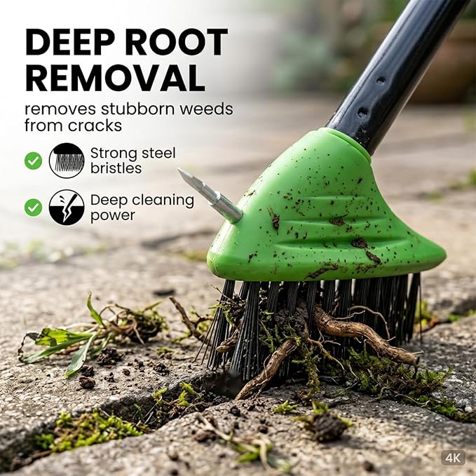 SakerPlus 3-in-1 Versatile Weed Brush Combo Set with Long Handle (1pack) | Crack Weeder Brush, Wire Floor Scrubber, Triangular Brush, Scraper, Steel Wire Bristles for Patio, Driveway, Deck