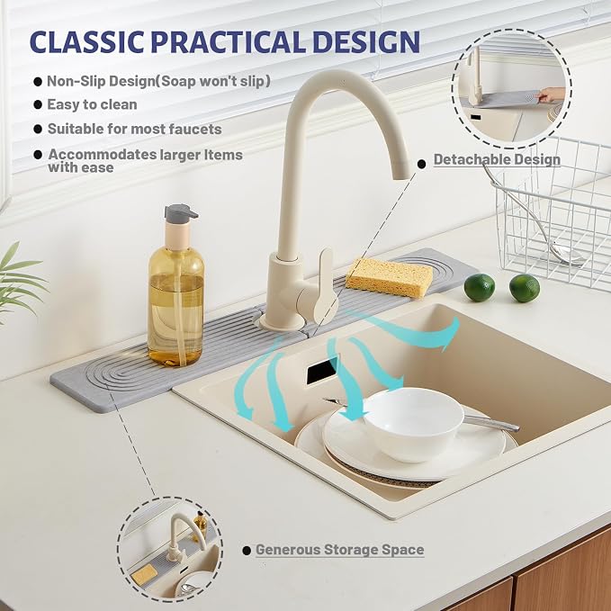 Fast Drying Stone Faucet Mat for Kitchen Sink with Raised Feet | Sink Splash Guard Water Absorbing Stone Tray for Sink, Counter Protector Matt for Kitchen & Bathroom