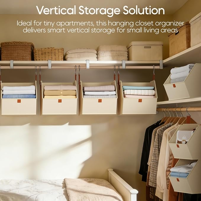 Collapsible Hanging Closet Organizer - 6 Tier Closet Shelves Storage System with Hooks, Fabric Hanging Storage Bins for Clothes, Foldable Storage Basket for Laundry, Bedroom, Rv, Beige