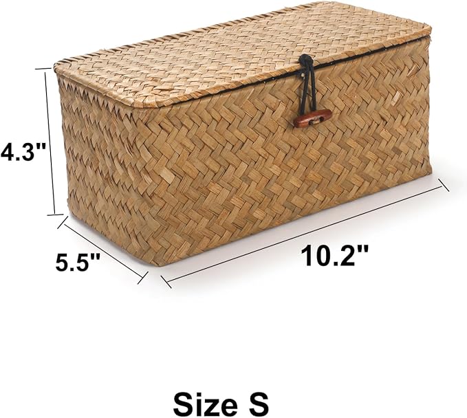 DOKOT Rectangular Handwoven Seagrass Small Storage Basket with Lid for Shelves and Home Organizer Bins,S (10.2"x5.5"x4.3"H), Natural
