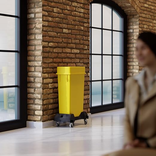 23 Gallon Yellow Rectangular Slim Trash Can with Drop Shot Lid and Dolly | Great for Home, Commercial, or Restaurant Use.