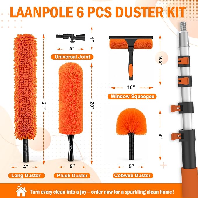 LAANPOLE 20FT High Reach Duster Cleaning Kit with Extension Pole, High Ceiling Fan Cleaner Duster Tool for Fan Blades, Window Washing Kit with Microfiber Feather Duster & Window Squeegee