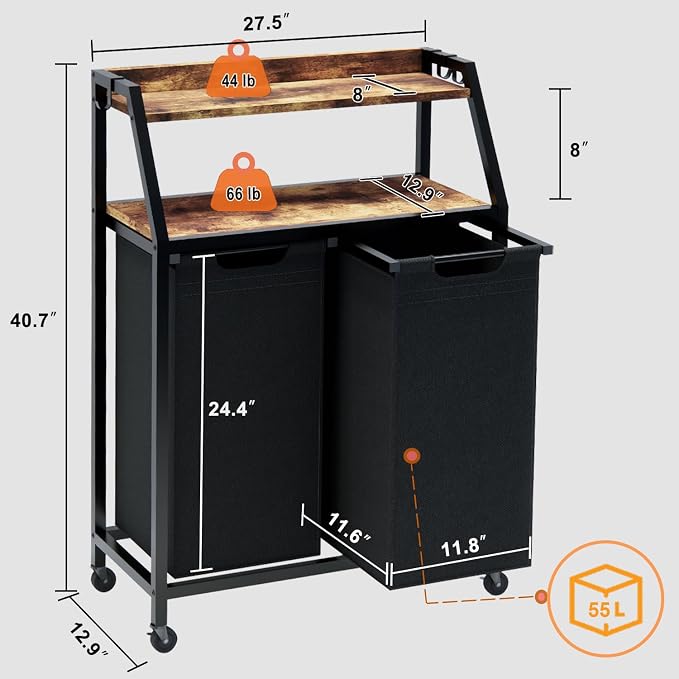 Laundry Hamper, Laundry Sorter 2 Section, Rolling Laundry Basket with Wheels, 2 Shelves, 2 × 14.5 Gal, Pull-Out and Removable Oxford Fabric Bags, for Laundry Room, Black and Rustic Brown