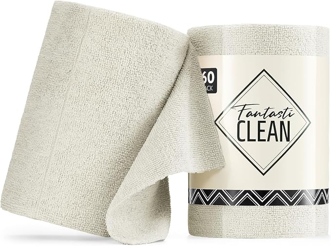 Fantasticlean Microfiber Cleaning Cloth Roll, 60 Pack, 8" x 8", Off White | Tear Away Microfiber Towel Roll, Reusable Paper Towels, Rags for Kitchen, Pet, Dust, Car, Office, Cleaning Supplies, Portable