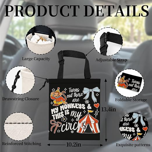 Coquette Bow Funny Car Garbage Bag Canvas Trash Can | Turns Out These Are My Monkeys Drawstring Car Trash Bag Hanging for Back Seat with Adjustable Buckle
