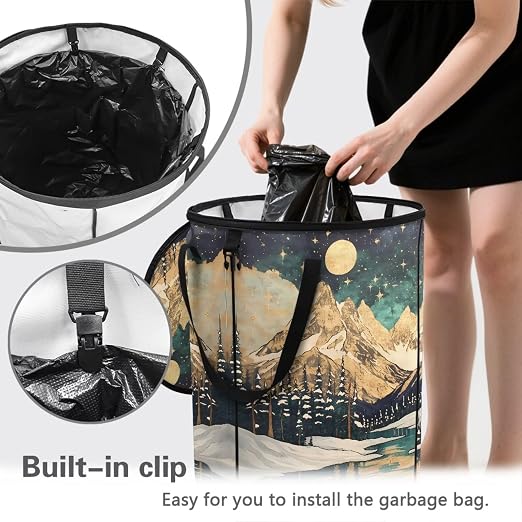 Mountain Lake Printed Outdoor Trash Can with Lid Large Collapsible Trash Can for Car Waterproof Garbage Bags for Bedroom, Yard, Camping, Picnic Home Decoration