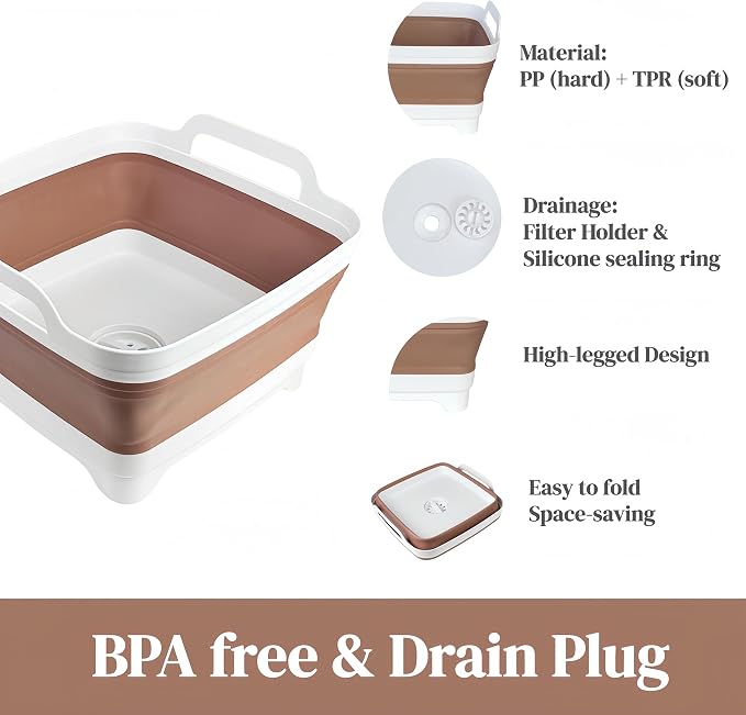 GIMWA Collapsible Wash Basin for Baby Bottles - 2.4 Gallons Portable Wash Bin for RV Camping Sink, Space-Saving Dish Tub (Mocha)