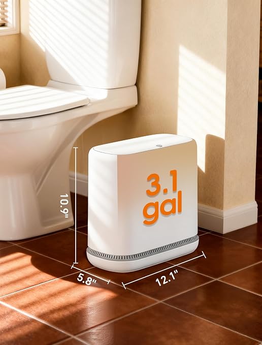 Dog Proof Small Bathroom Trash Can with Lid, Slim Press Top Garbage Can, Narrow White Plastic Waste Basket, for Bathroom Bedroom Office 3.1 Gal with 5 Rolls 75 Trash Bags