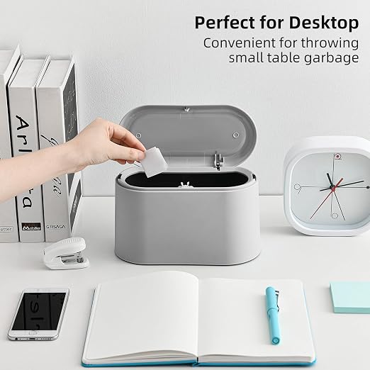 SUBEKYU Mini Trash Can with Lid,Small Desktop Trash Can,Light Grey 0.5 Gal | Countertop Mini Garbage Cans,Small Garbage Can for Office Kitchen Coffee Table, Tiny Wastebasket for Desktop