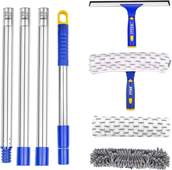 Window Squeegee with 75" Extension Pole, ITTAR Rubber Water Wiper for Glass | Durable Stainless Steel Rod, Rotatable Head for Window Edge, Chenille & Microfiber Pad, Squeegee for Variety Cleaning Needs