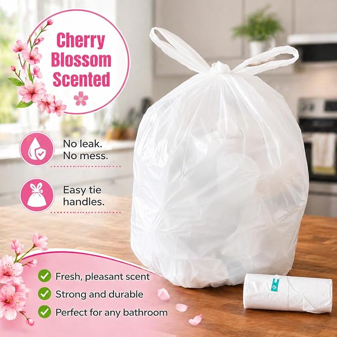2.6 Gallon Scented Trash Bags with Handles (300 Bags) Small Bathroom Garbage Bags Wastebasket Can Liners for Home Office Bins (Cherry Blossom, 300 ct.)
