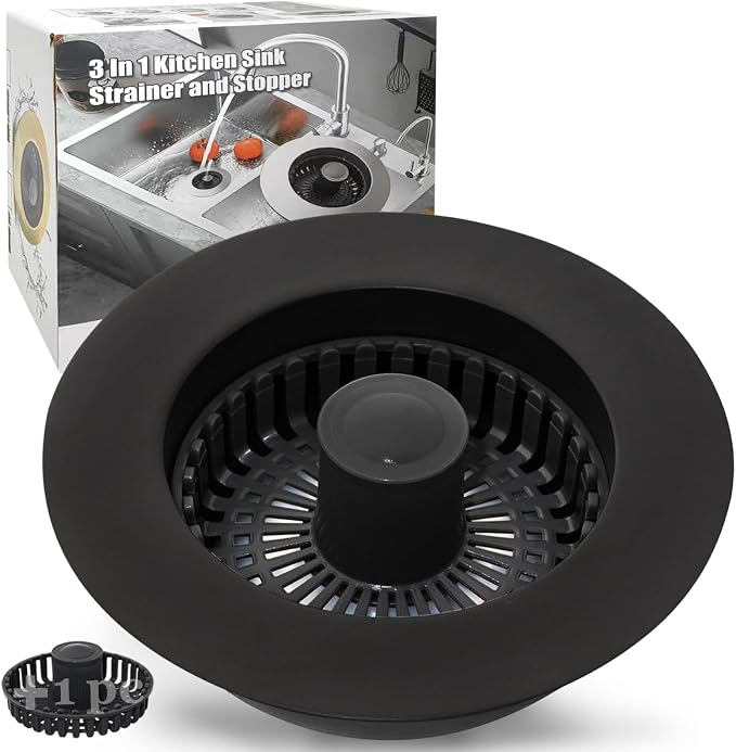 Anlige Kitchen Sink Drain Strainer, 3 in 1 Pop Up Kitchen Sink Stopper | with An Extra Basket Strainer, Universal for US Standard 3-1/2 Inch, Black