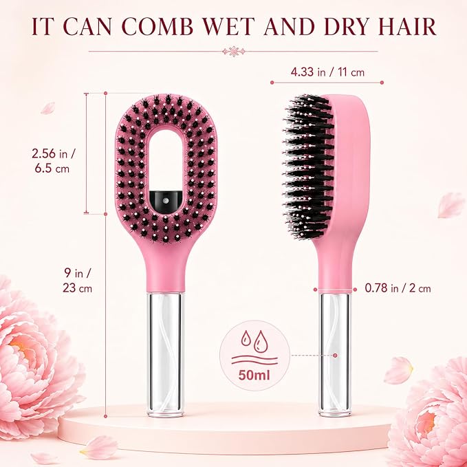 2-in-1 Misting Hair Brush with Built-In Water Spray, Lightweight Anti-Static Mist Comb for Wet & Dry Hair, Smoothing Mist Brush with Fine Continuous Spray for Straight, Curly & Thick Hair (Purple)