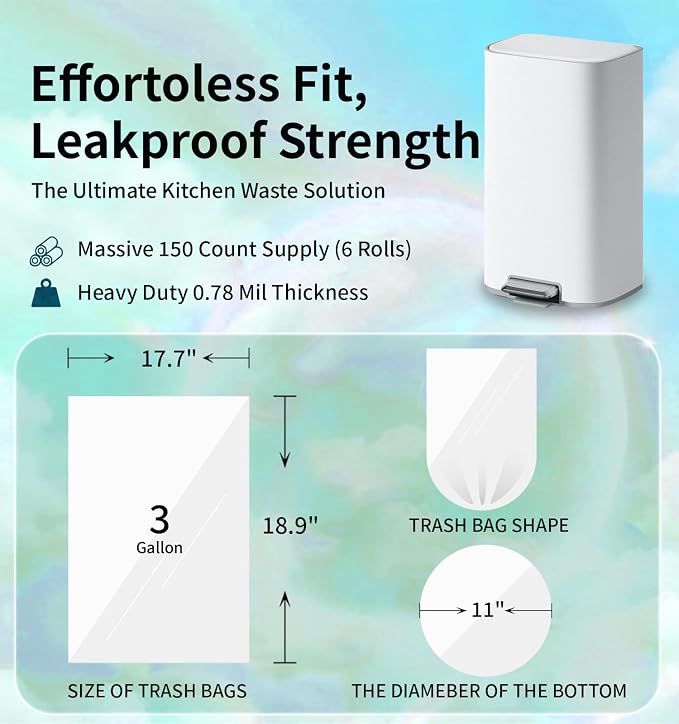 Small 3 Gallon Trash Bags Unscented, 0.78 Mil, Green, 150 Count | 12 Liter Garbage Bag, Plastic Waste Basket Can Liners, Durable, Leakproof, Tear Resistant, for Bathroom Office Car Bulk