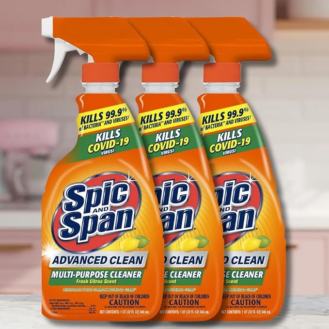 Spic & Span 32oz 3pk Advanced Cleaning Spray Citrus Scent Bundle Cleaning Gloves, Cleaning Brush, and Multipurpose Wire Miracle Cleaning Cloths (4 Items)