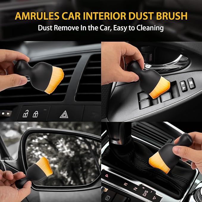 Amrules 2 Pcs Car Interior Detailing Brush Cleaning Tools, Brown | Soft Bristles Gently Clean Dust & Dirt, Gentle on Surfaces, for Dash, Leather, Skylight & Vents, Lightweight, Easy to Use