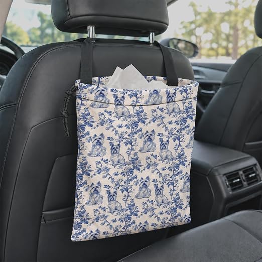 Chinoiserie Yorkshire Terrier Car Garbage Bag Canvas Trash Can | Blue and White Yorkie Dog Drawstring Car Trash Bag Hanging for Back Seat with Adjustable Buckle