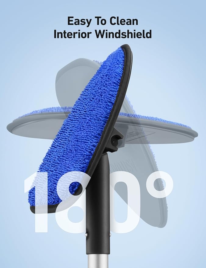 AstroAI 4pcs Windshield Cleaner Tool for Effortless Installation | Extendable Handle, 4 Reusable Microfiber Pads, Streak-free & Lint-free, Auto Glass Wiper Brush for Car & Home, Blue