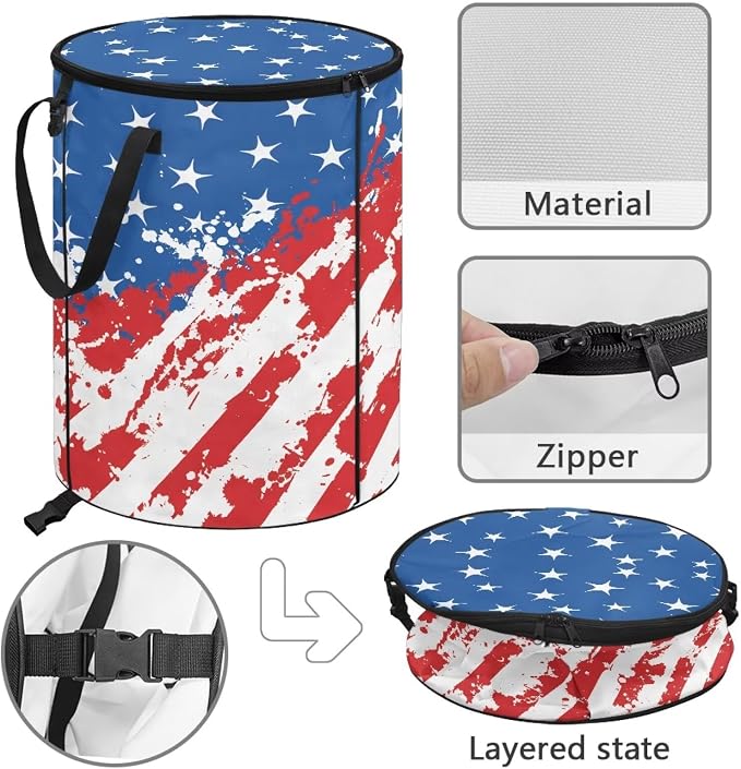 American Flag 24 Gal Collapsible Trash Can Waterproof Pop-Up Pop up Trash Can for Camping Backyard & Car Travel Easy to Clean Outdoor Garbage Bin Reusable Camping Essentials