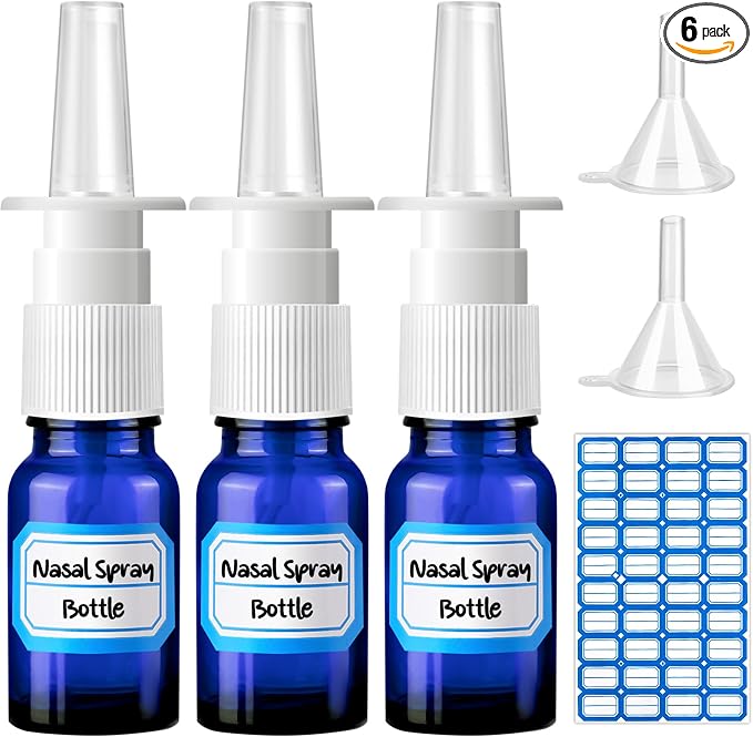 6 Pcs Nasal Spray Bottle, 10ML/0.35OZ 3 Pcs Glass Blue Refillable Empty Fine Mist Nasal Spray Bottle with 2 Funnels and 1 Labels
