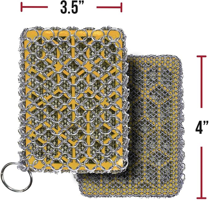 Knapp Made Premium Cast Iron Cleaner, 2-in-1 Combo Chainmail Scrubber with Silicone Core, Heavy Duty & Fine Mesh Rings for Cookware, Skillets and Pots, Premium Cast Iron Cleaner – Mustard Yellow
