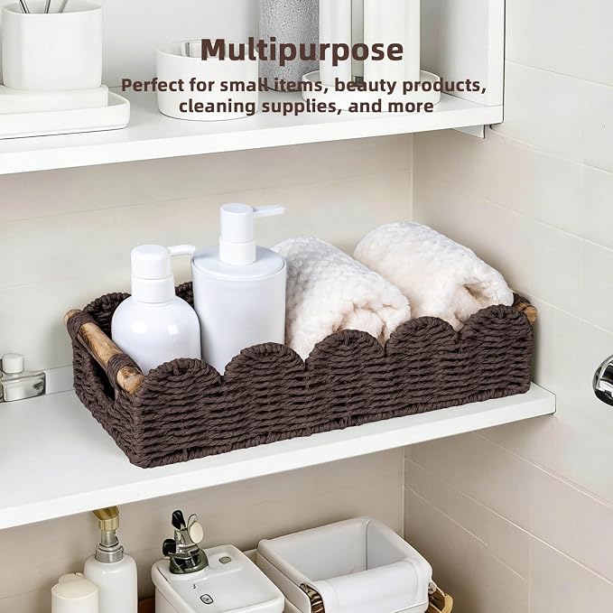 CubesLand Bathroom Basket Organizer, Toilet Decor Basket W/Cut Out Handle | Wicker Toilet Paper Storage Basket Tray, Scalloped Basket for Bathroom Countertop Decorative Also for Home Decor, Brown
