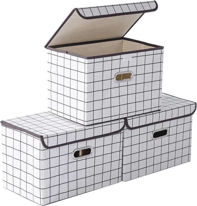 STOREONE Fabric Storage Cube Bins Foldable Organizer Container Collapsible Basket with Lids and Metal Handles, for Home, Bedroom, Closet 3 Pcs (White grid)