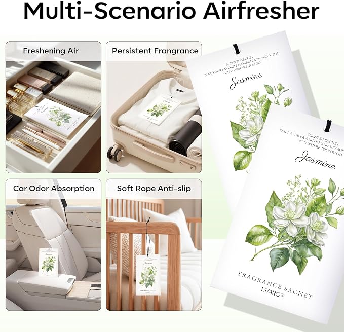 MYARO 12 Pack Jasmine Scented Sachets, Closet Deodorizer Car Air Freshener | Long-Lasting Sachet Bag, Odor Eliminator for Closet, Drawer, Bathroom, Clothes, Fabric Refresher, Home Fragrance Gift Set