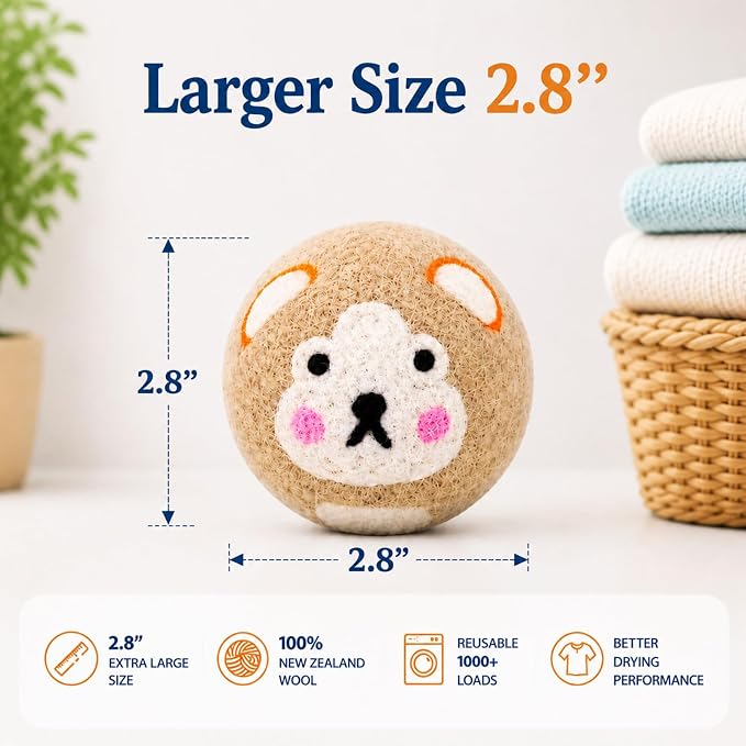Wool Dryer Balls Handmade 3 Pack XL, Laundry Dryer Balls,100% New Zealand Wool Natural Fabric Softener,Reusable 1000 Loads,Wrinkles Free, Shorten Drying Time,Baby Safe (3 Pack XL,Zoo Friends) | 100% Hand-Embroidered