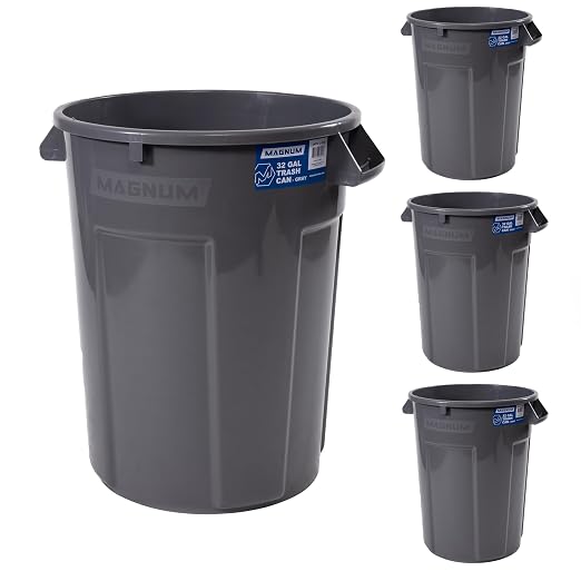 Magnum 32 Gallon Trash Can, Construction Grade, Heavy Duty Plastic, Jobsite Ready for Handling and Holding Garbage CMTC-C000-32G04 (4 Pack)