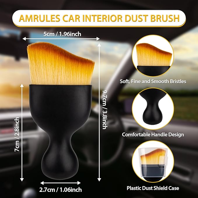 Amrules 2 Pcs Car Interior Detailing Brush Cleaning Tools, Brown | Soft Bristles Gently Clean Dust & Dirt, Gentle on Surfaces, for Dash, Leather, Skylight & Vents, Lightweight, Easy to Use