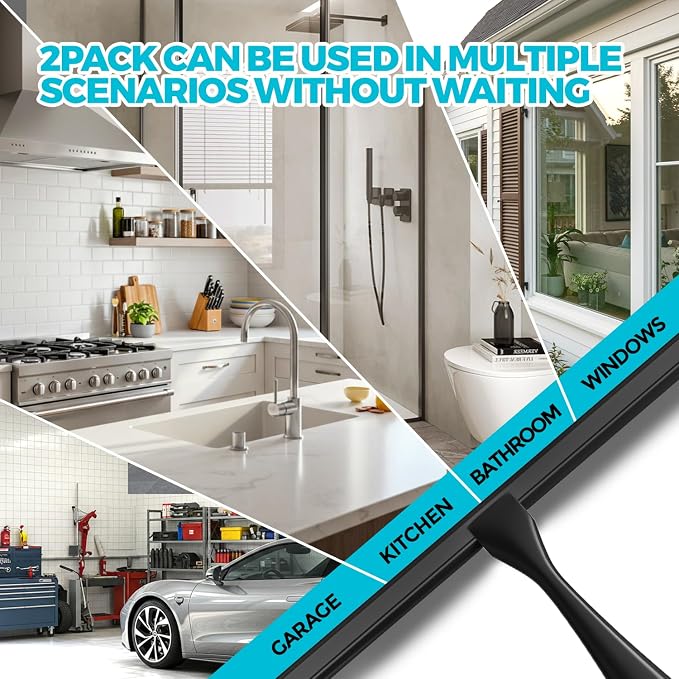 2pcs Shower Squeegee for Glass Doors with Adhesive Hanging Hook Set | 10” Black, Bathroom Accessories, Window Cleaner, New Home Essentials, Soft Rubber Blade, Metal Handle, Ergonomic Grip