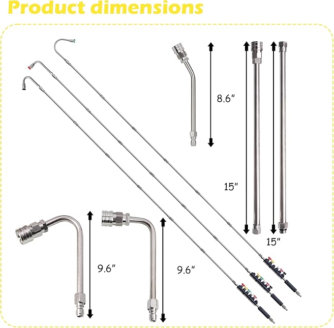 LIULO TOOL 9 Pack Pressure Washer Extension Wand, Stainless Steel Power Washer Lance with 6 Nozzle Tips for Gutter Cleaning, 3 Gutter Cleaner Attachments Curved Rod, 1/4 inch Quick Connect, 4000 PSI