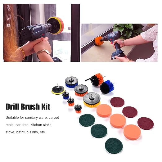 19PCS Drill Brush Attachment Set, Power Scrubber Kit with Nylon Brushes and Sponge Pads for Deep Cleaning Kitchen, Bathroom, Car and Pool Surfaces