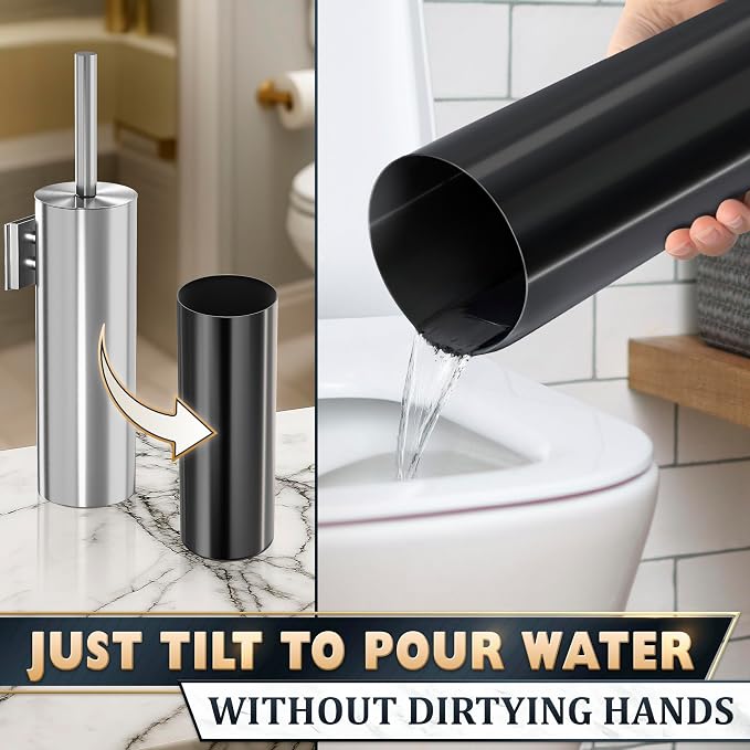 Wall-Mounted Toilet Brush and Holder Set, Stainless Steel (Silver) | Stainless Steel Toilet Brush and Holder Set, Removable Inner Bowl, Dense Bristles, Rustproof, for Modern Bathroom Walls
