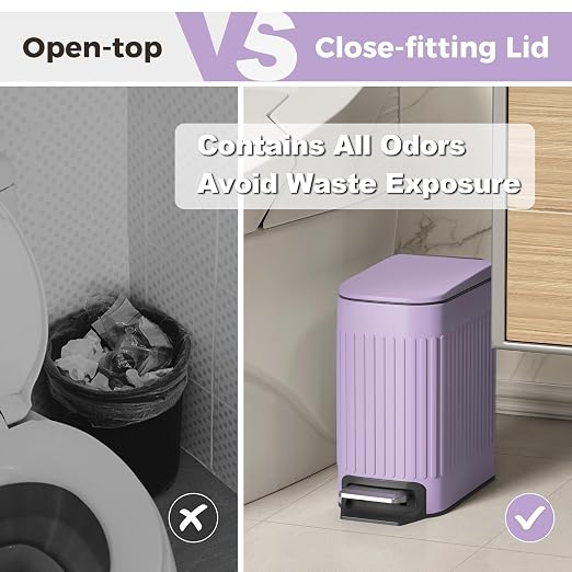 TrashAid 1.6Gal Slim Bathroom Trash Can with Lid Soft Close & Pedal, Purple | Removable Inner Bucket, Stainless Steel Garbage Can, Small Wastebasket for Toilet/Office/Bedroom, Retro Design, Odor Control