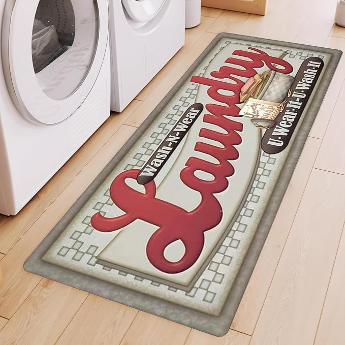 Abreeze Farmhouse Laundry Runner Rug Vintage Rug for Laundry Room Rubber Backer Mat Floor Runner Carpet Kitchen Mats 20''x48'',Red Letter