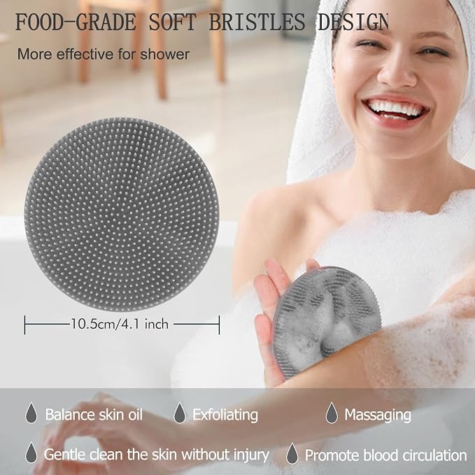 INNERNEED Food-Grade Soft Silicone Body Scrubber Shower Brush, Gray | Handheld Cleansing Skin Brush, Gentle Exfoliating and Lather Well, Hygienic Bath Scrub for Women, Men
