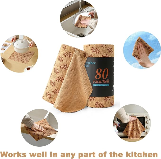 Microfiber Cleaning Cloth Roll,80 Pack Cleaning Towels,Lint Free Rags Paper Towels & Tear Away Reusable Towels,Washable Shop Rags Floral Wipe Cloth,Wash Cloths Dish Rags for Car Kitchen Window